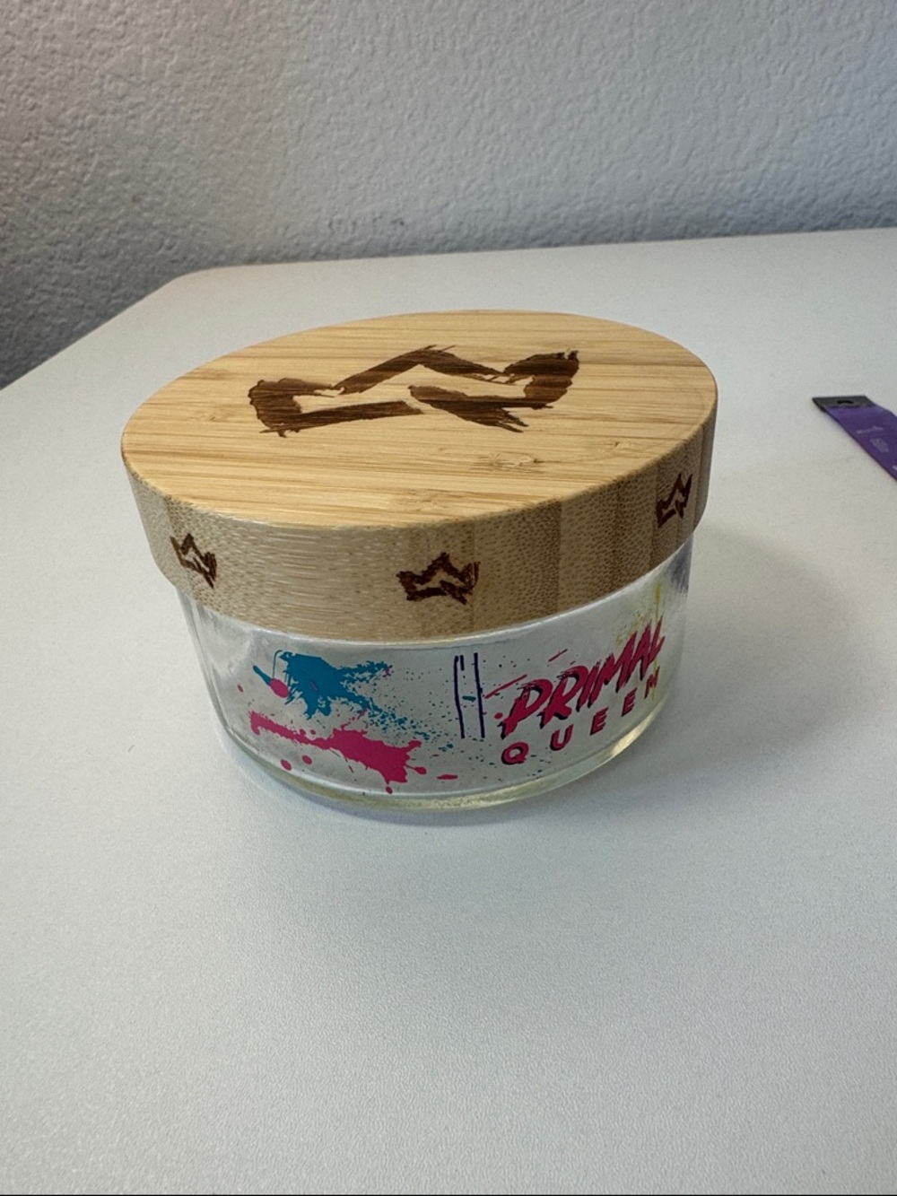 Primal Queen Glass Jar with Bamboo Lid - Pink & Blue Accent